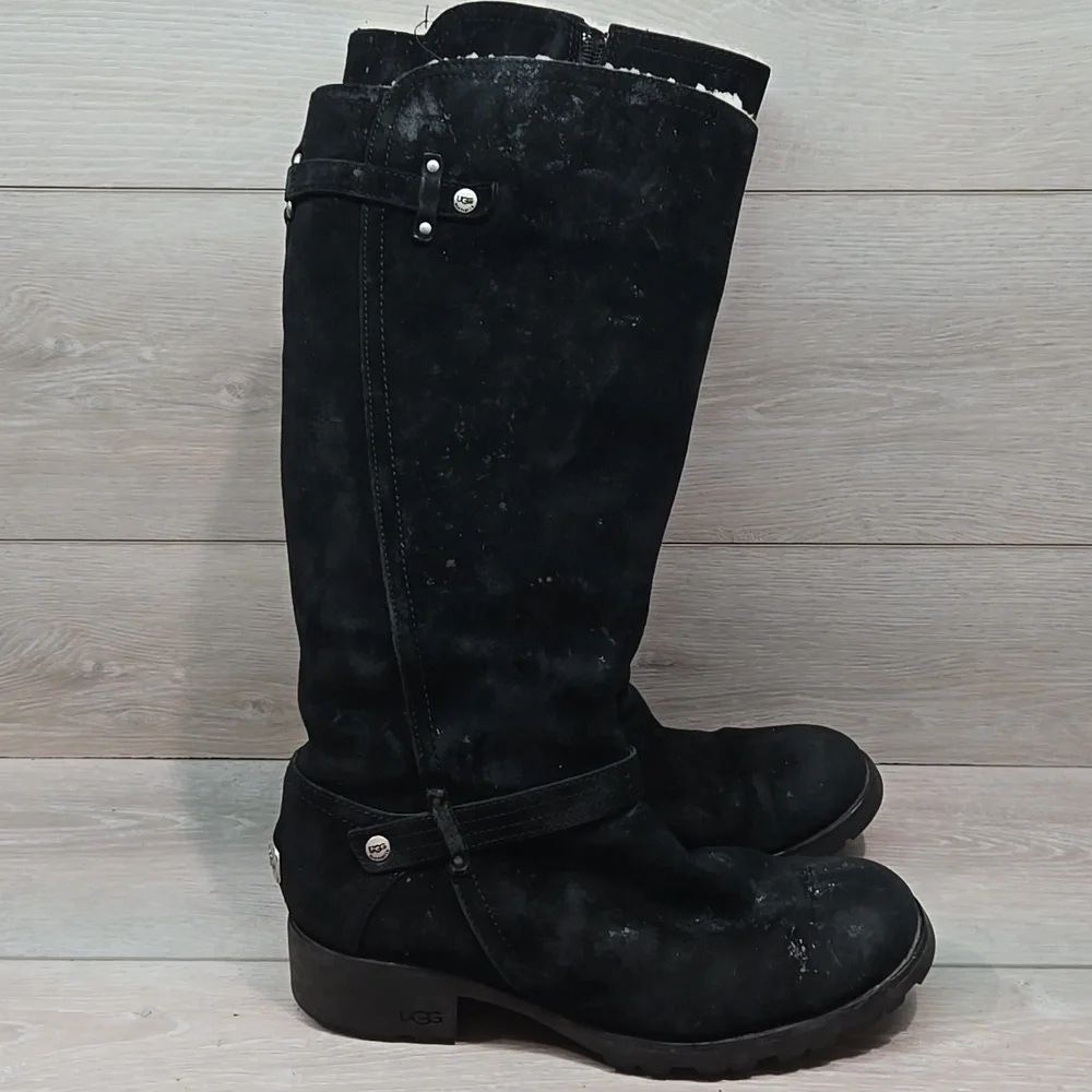 Ugg Australia Women's Jillian 3051 Black Suede Sheepskin Moto Boots Shoes Sz 9
